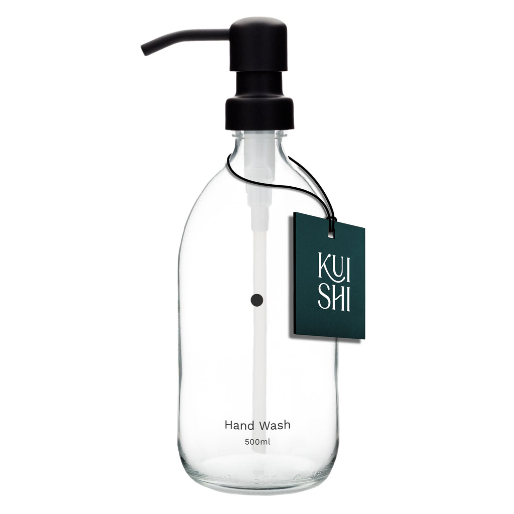 Clear hand wash bottle with black pump and 'Kushi' label on a white background