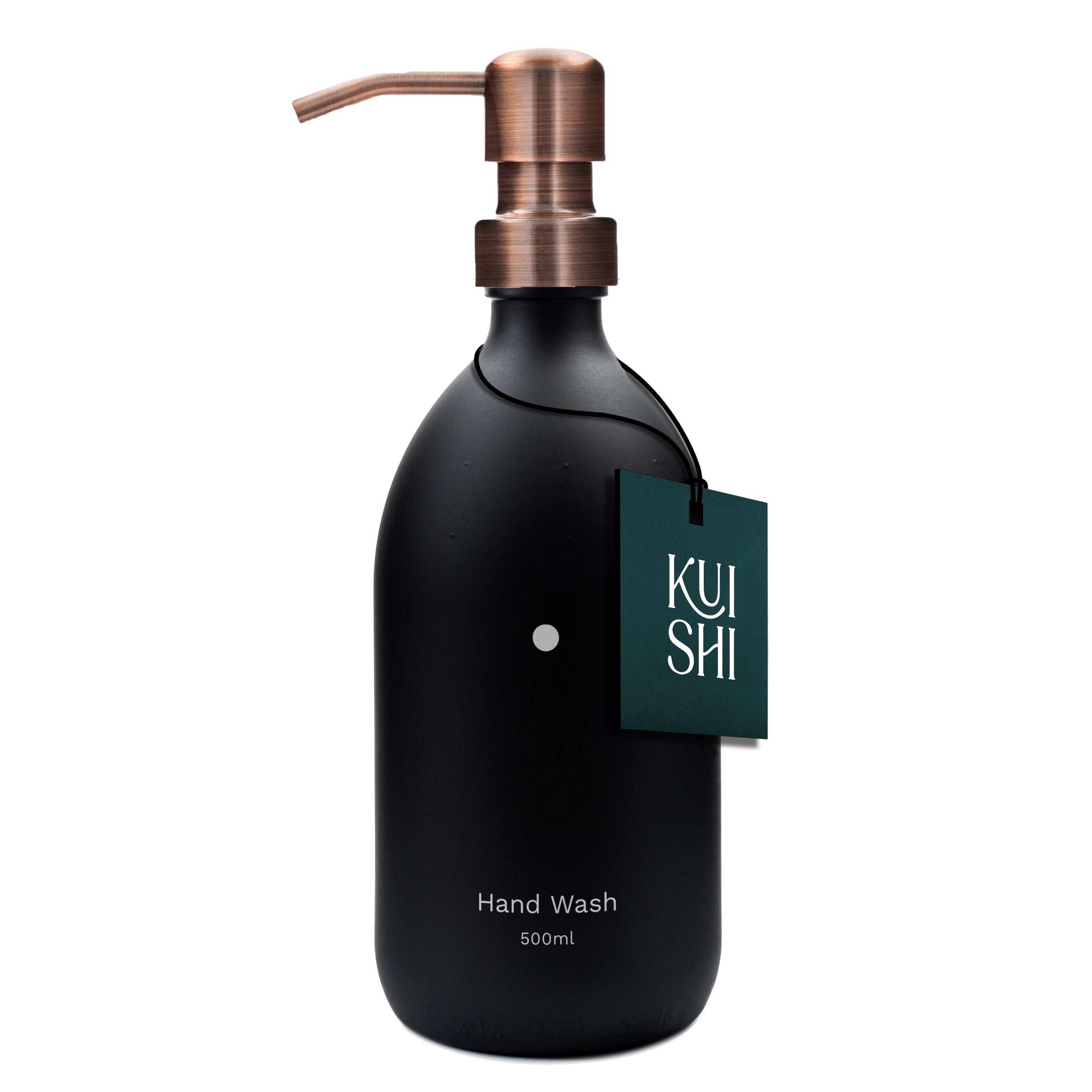 Black hand wash bottle with copper pump and 'Kushi' label on a white background