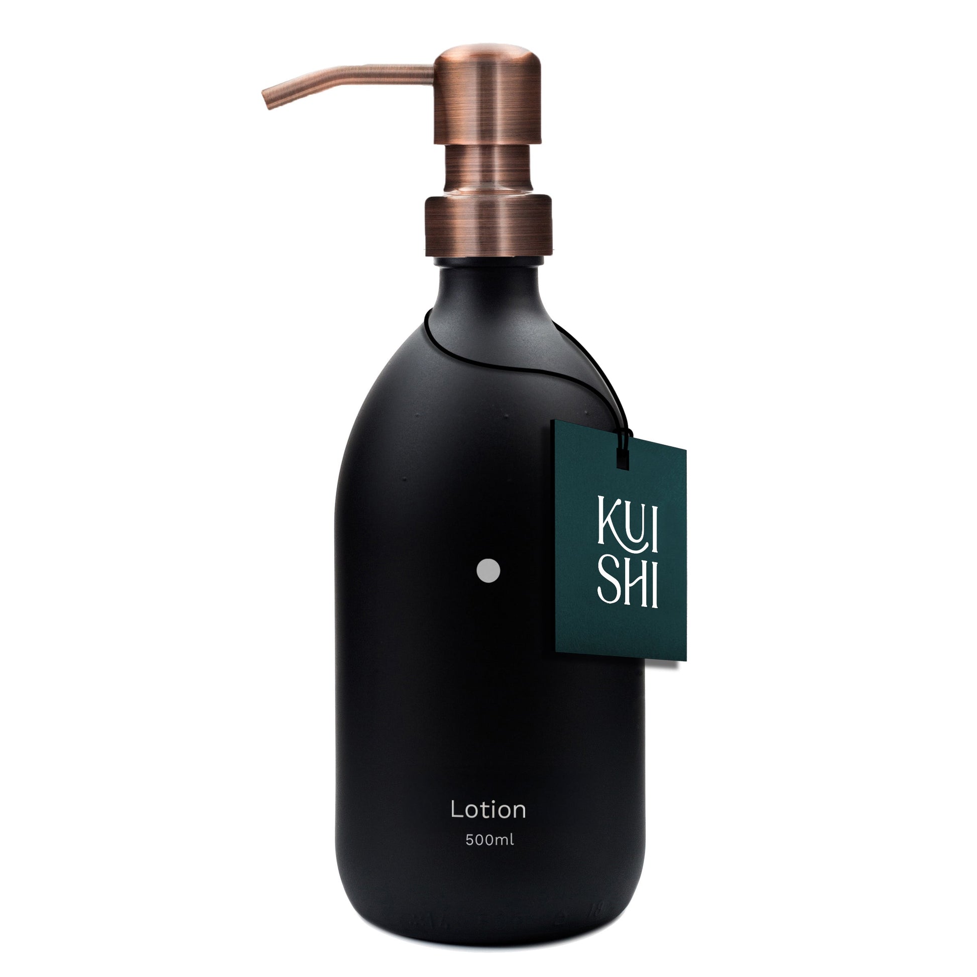 Black lotion bottle with copper pump and 'Kushi' tag on a white background
