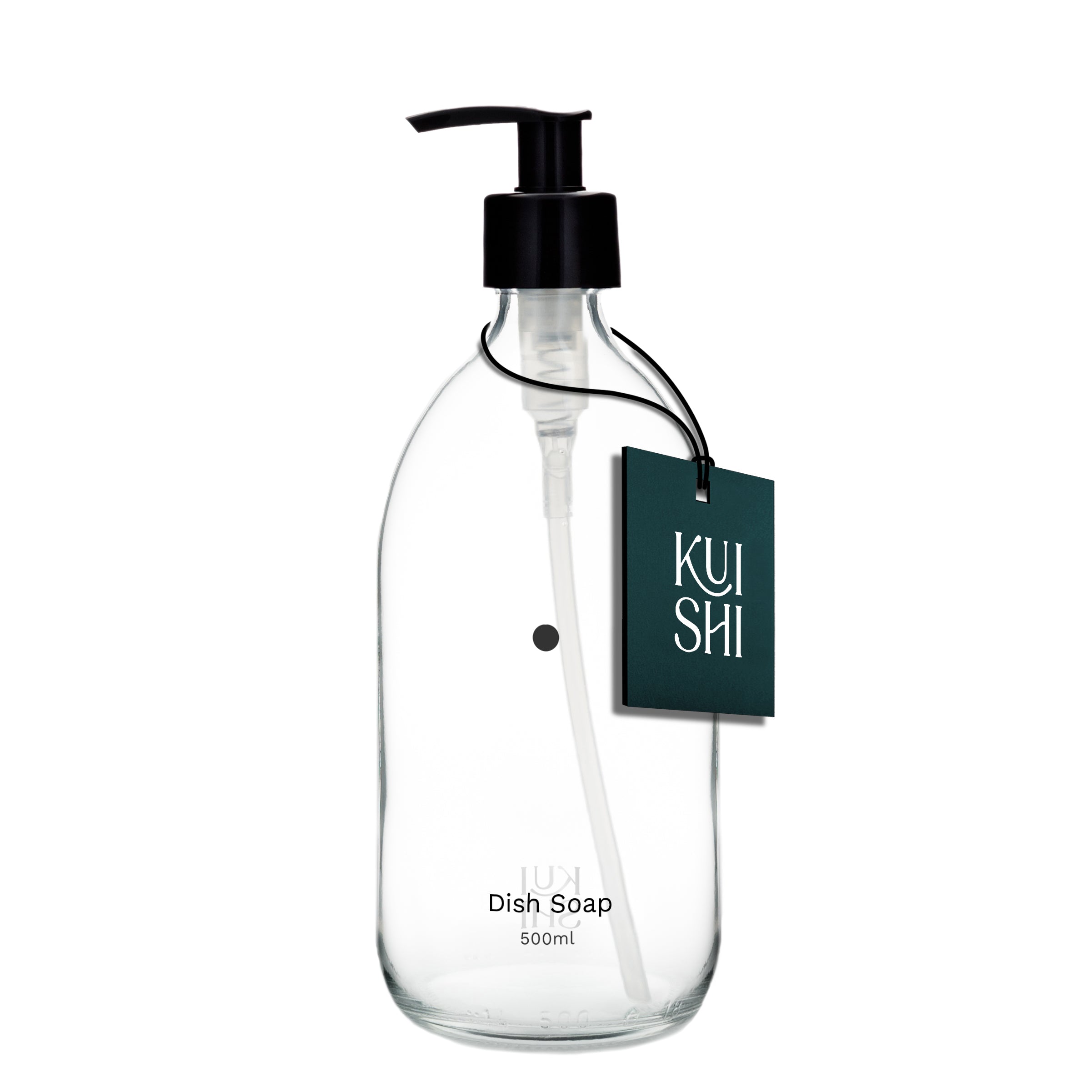 Clear dish soap bottle with black pump and 'Kushi' label on a white background