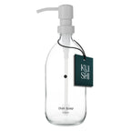 Clear dish soap bottle with pump and 'Kushi' label on a white background