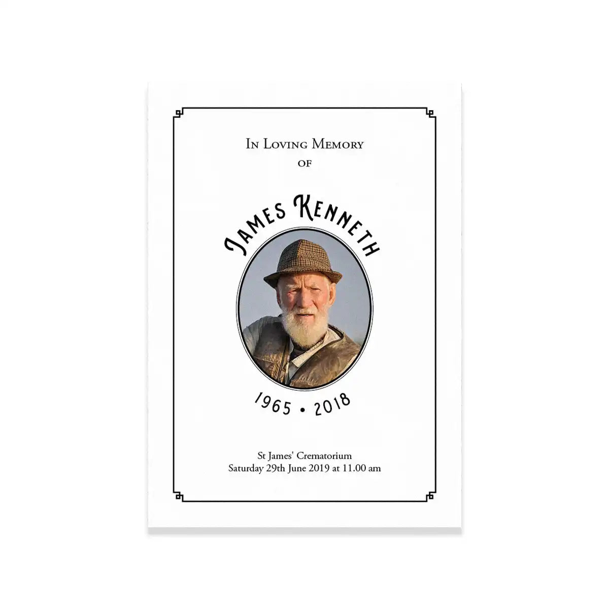 Memorial card for James Kenneth with a photo of an older man, text details, and a white border.