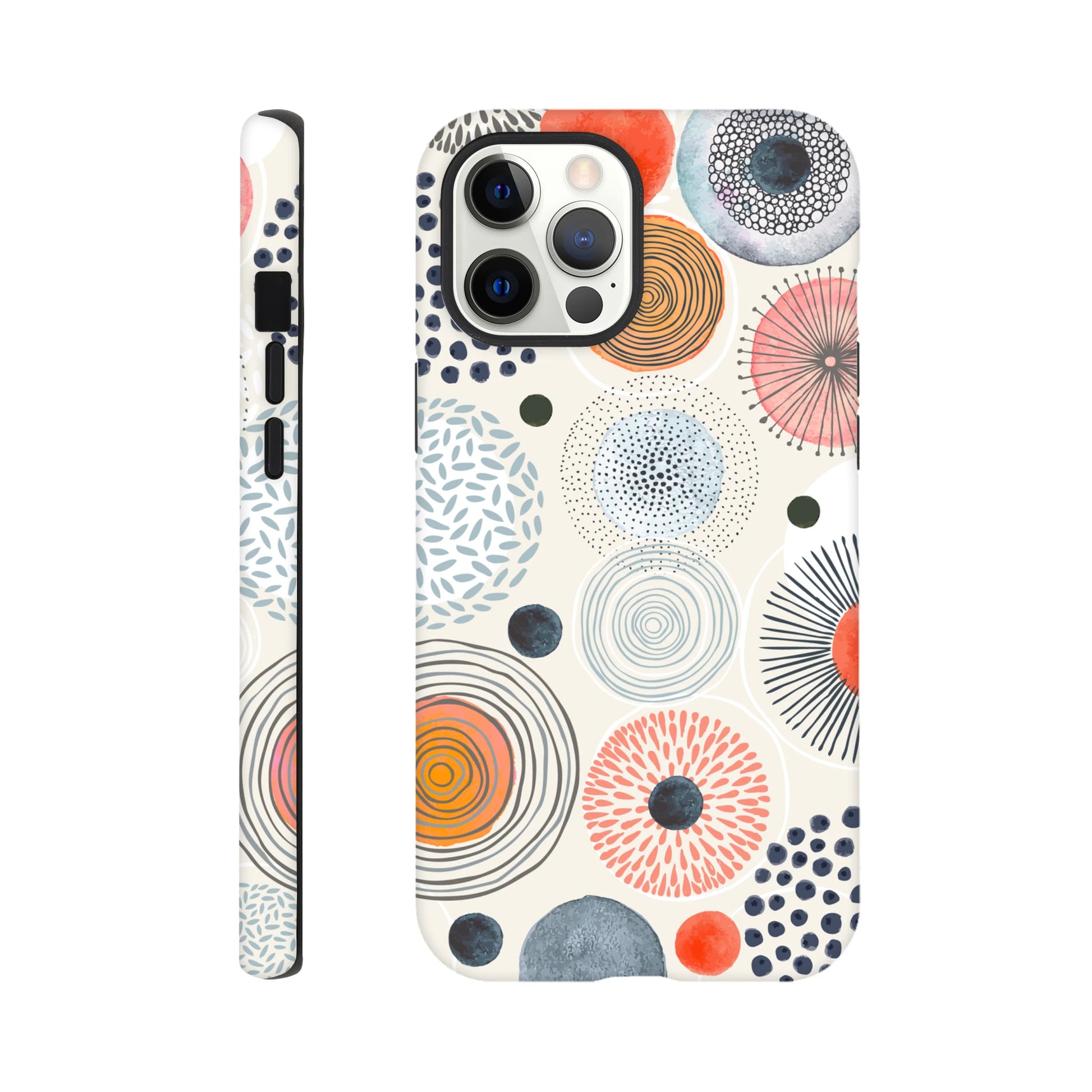 Abstract iPhone case by MVB Studio featuring colourful hand-drawn circles and dotted shapes on a cream background for a bold modern art look.