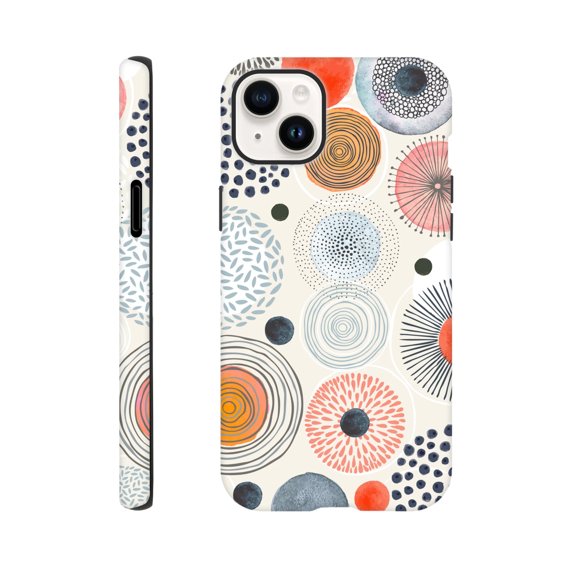 Abstract iPhone phone case featuring a colourful modern dot and swirl pattern, designed by MVB Studio.