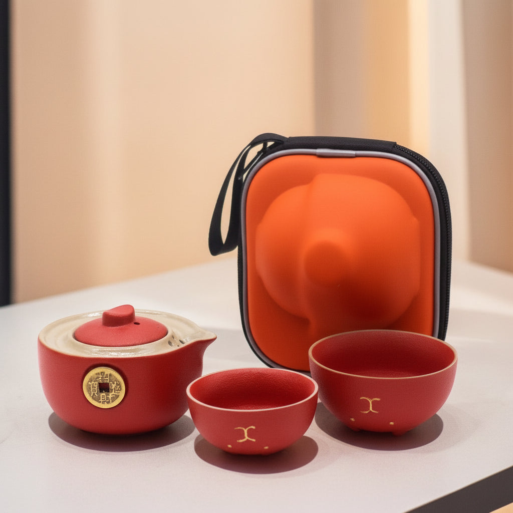 Money Cat Teapot Set - Two Cups - Travel Pack - Red featuring a vibrant teapot and two cups in stylish travel case.