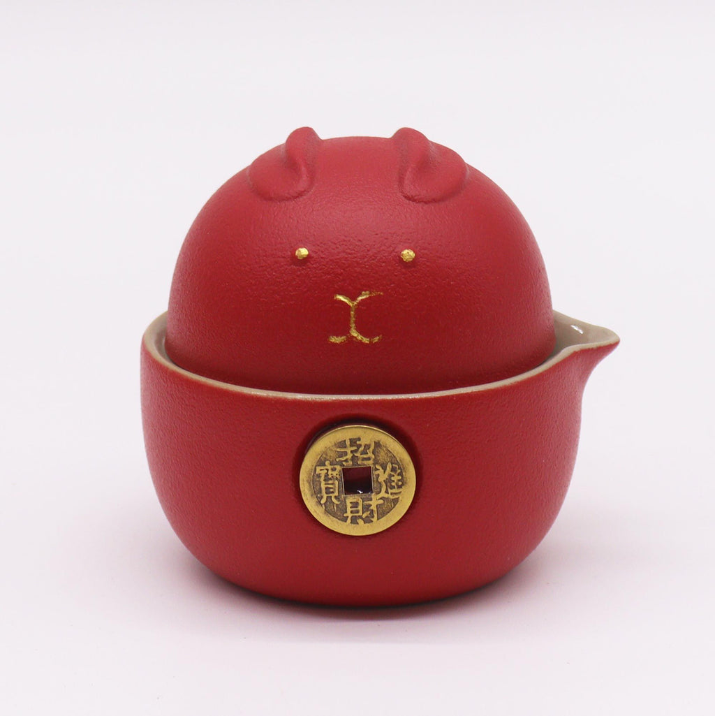 Money Cat Teapot Set - Two Cups - Travel Pack - Red - charming red teapot with golden money design.