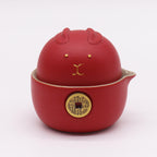 Money Cat Teapot Set - Two Cups - Travel Pack - Red - charming red teapot with golden money design.