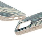 A detailed, angled view of two matching speckled  Monstera Eco-friendly iPhone 16 Pro Max Case with a teal and green monstera leaf pattern. The cases are shown from the bottom, highlighting the precise cutouts for the charging port and speaker, as well as the side button.