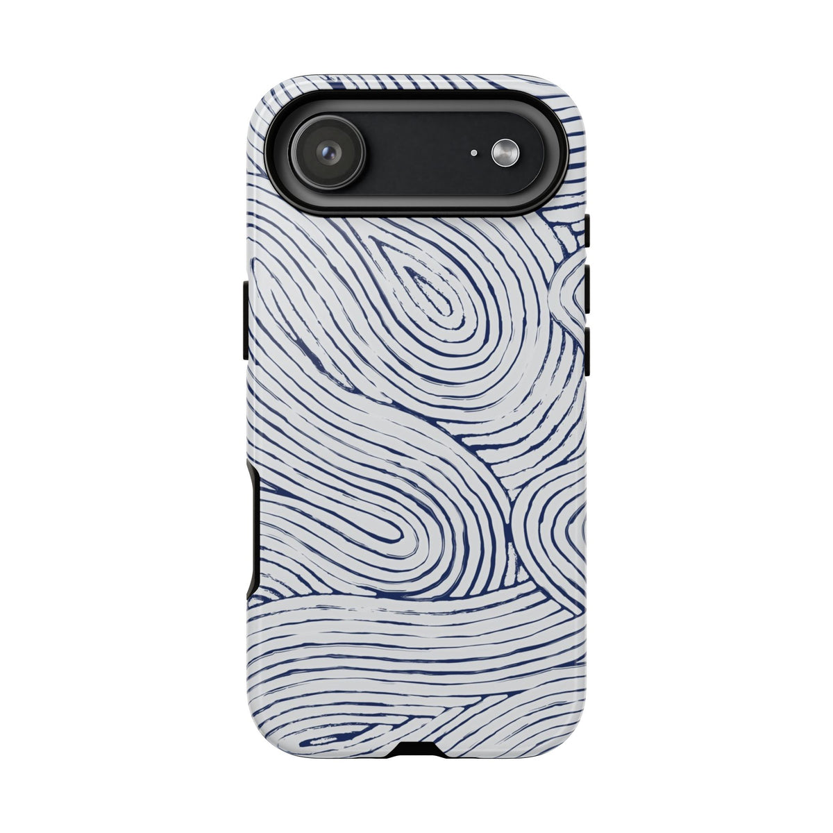 Navy Line Tough iPhone 17 Air Case with a white and blue wavy pattern on a white background
