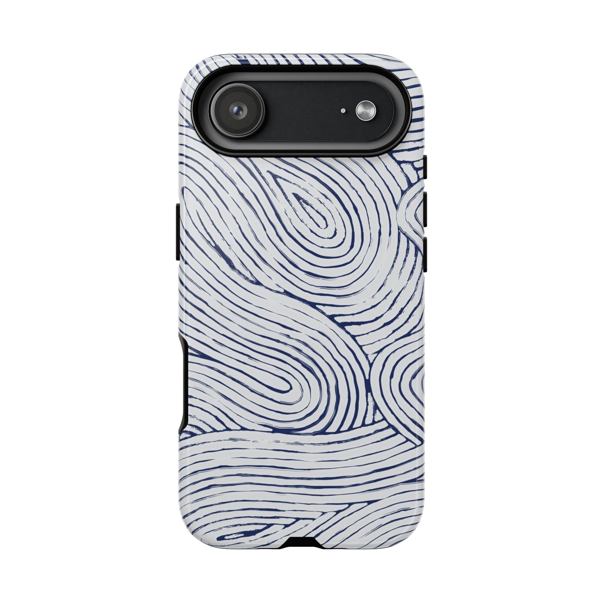 Navy Line Tough iPhone 17 Air Case with a white and blue wavy pattern on a white background