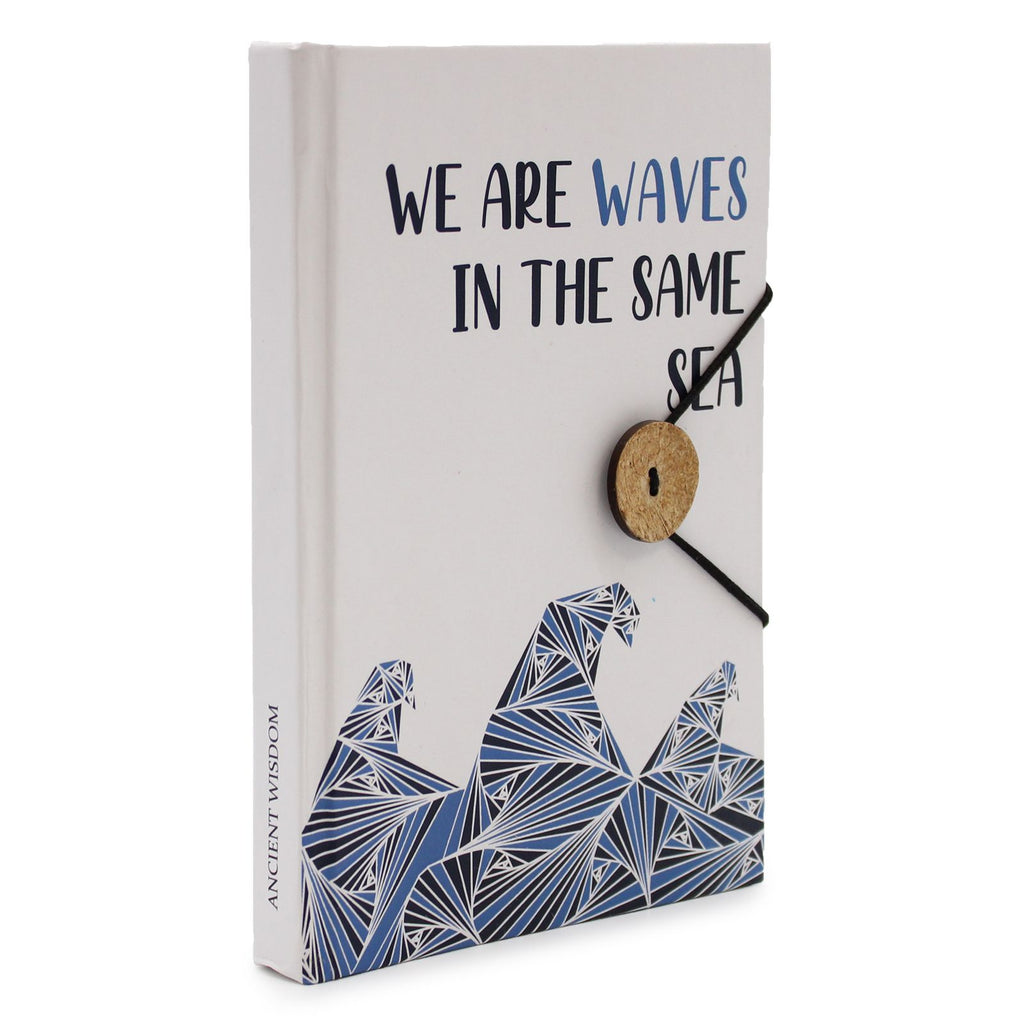 Book with geometric wave design and text 'We are waves in the same sea' on a white background