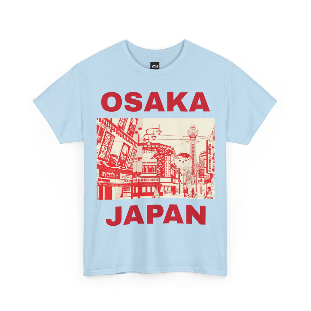 Image of a light blue t-shirt featuring a graphic design with the text 'OSAKA JAPAN' prominently displayed.