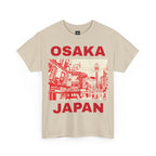 Osaka Japan graphic t-shirt featuring a cityscape illustration and bold text design.