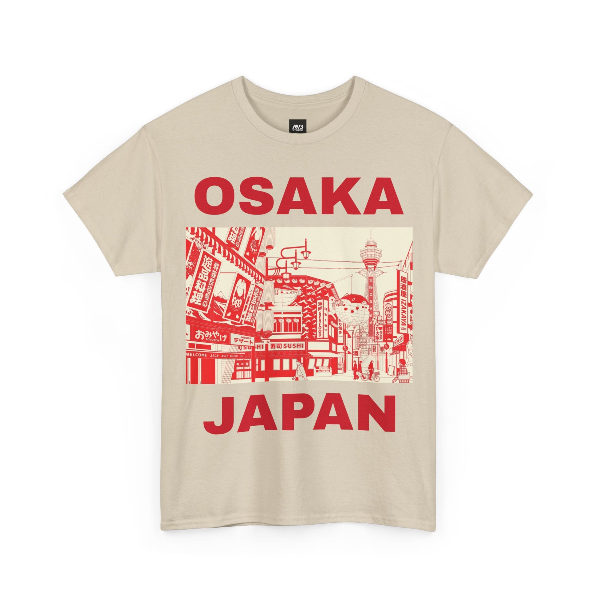 Osaka Japan graphic t-shirt featuring a cityscape illustration and bold text design.