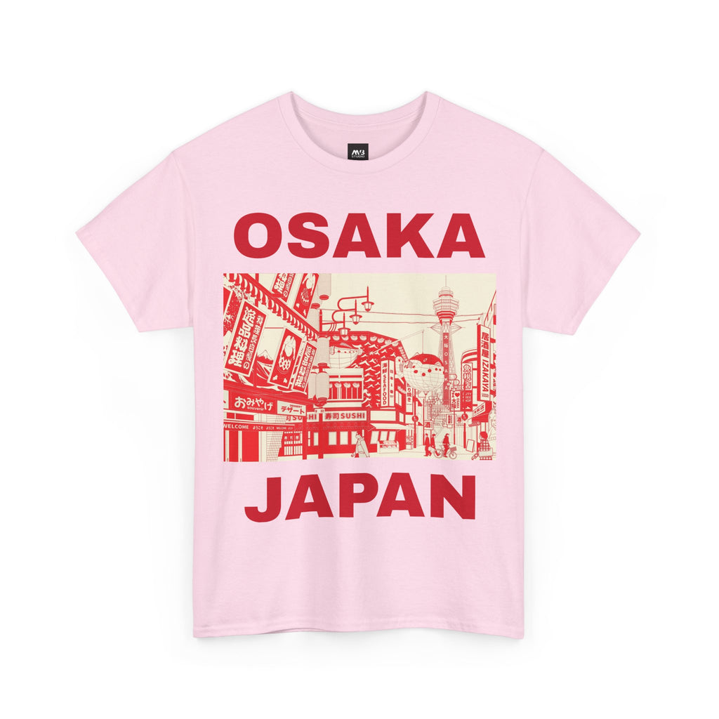 Osaka Japan graphic on a pink t-shirt showcasing city design and culture.