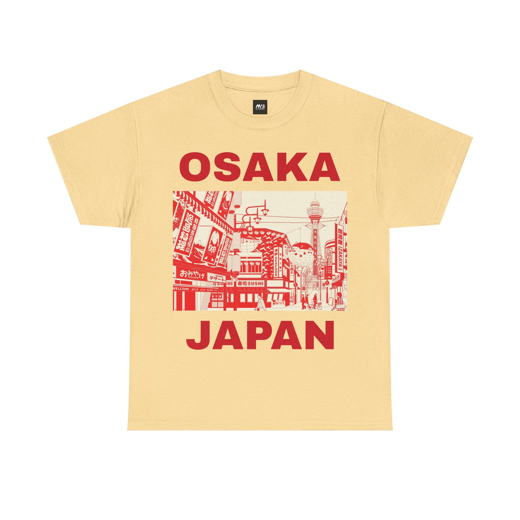 Yellow t-shirt with red 'Osaka Japan' text and graphic on a white background