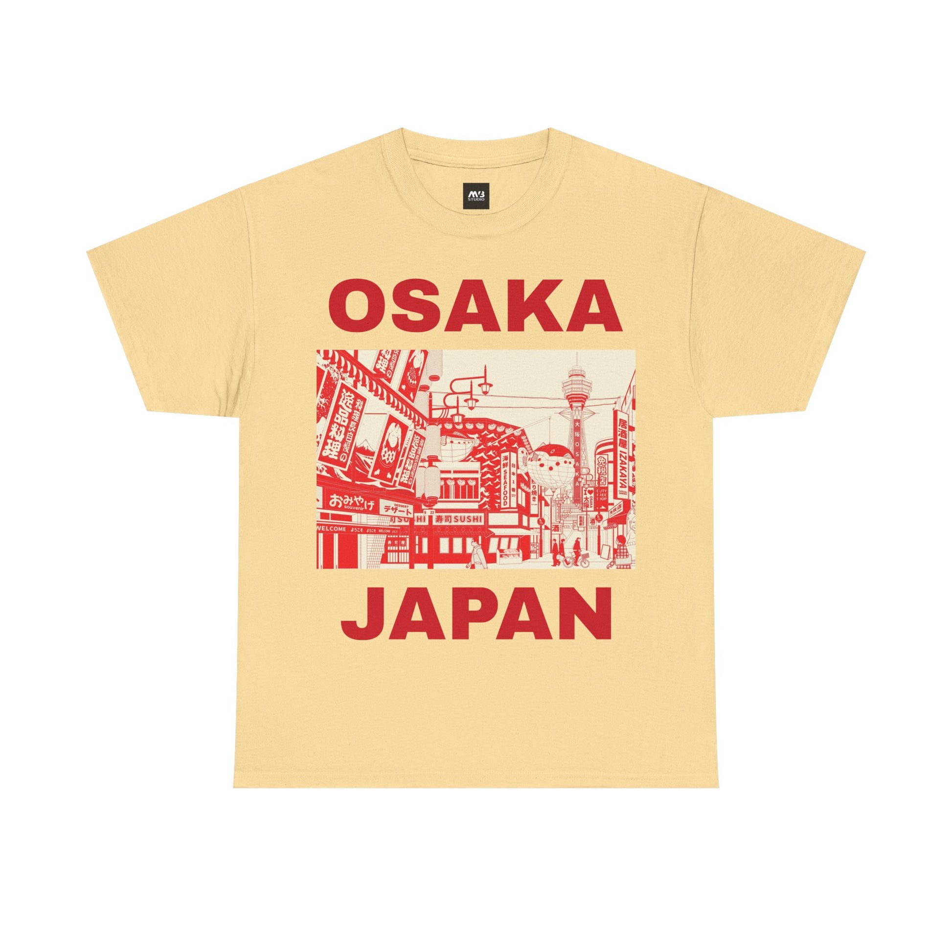 Yellow t-shirt with red 'Osaka Japan' text and graphic on a white background