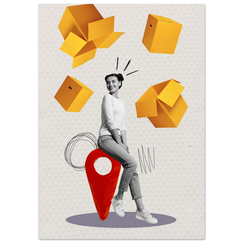 Collage art with a woman, geometric shapes, and a red map marker on a textured background