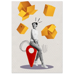 Collage art with a woman, geometric shapes, and a red map marker on a textured background