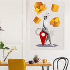 Modern interior with a table, chairs, and a decorative wall art piece.