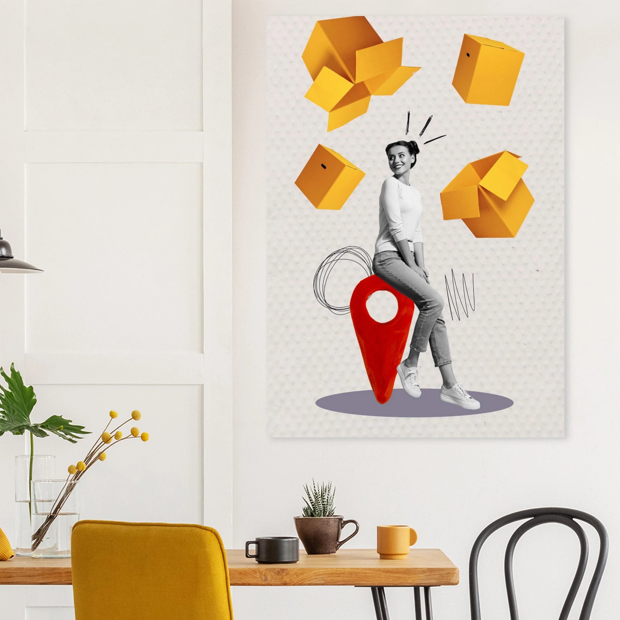 Modern interior with a table, chairs, and a decorative wall art piece.