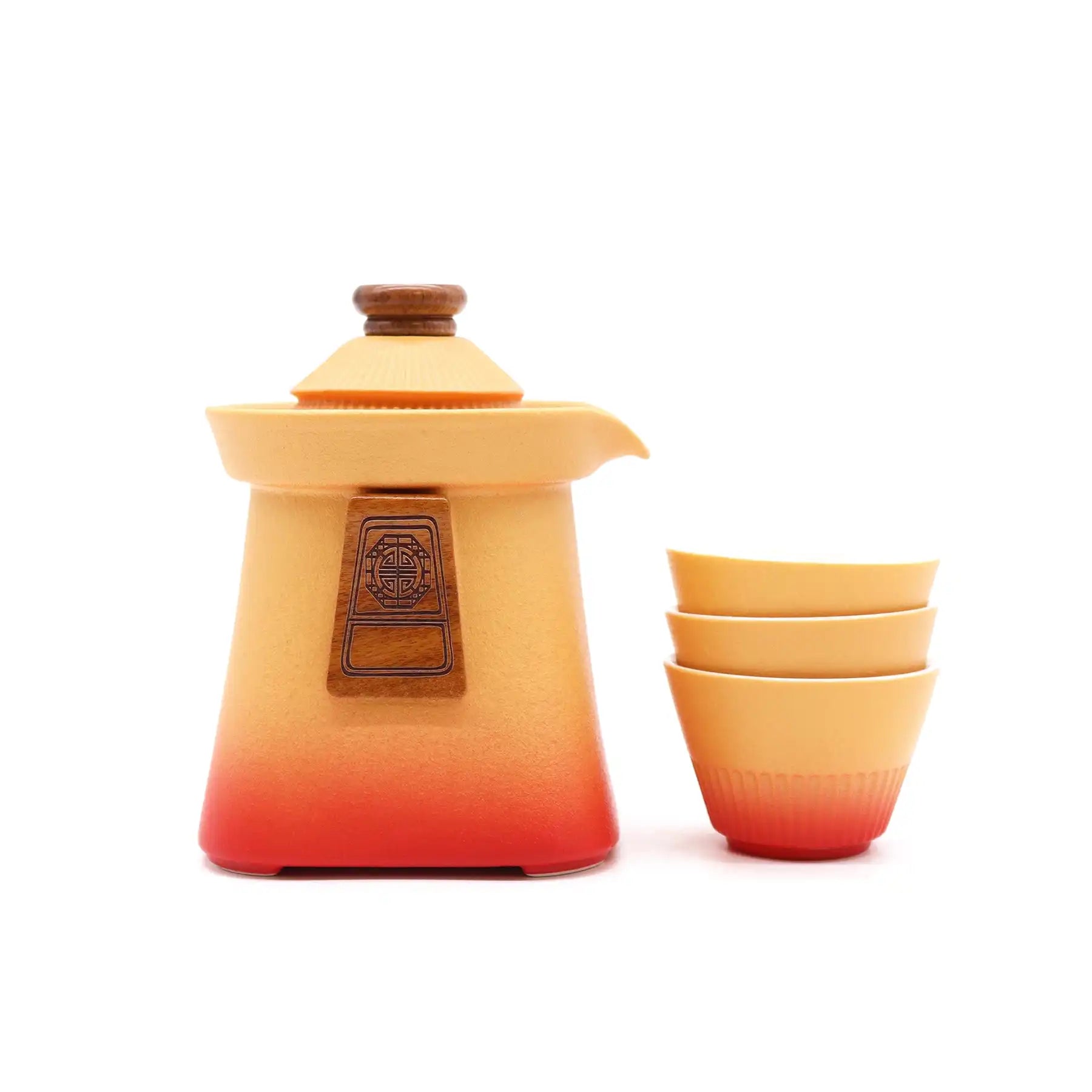 Orange Temple Teapot Set with Three Cups featuring an elegant teapot and matching cups in gradient orange.