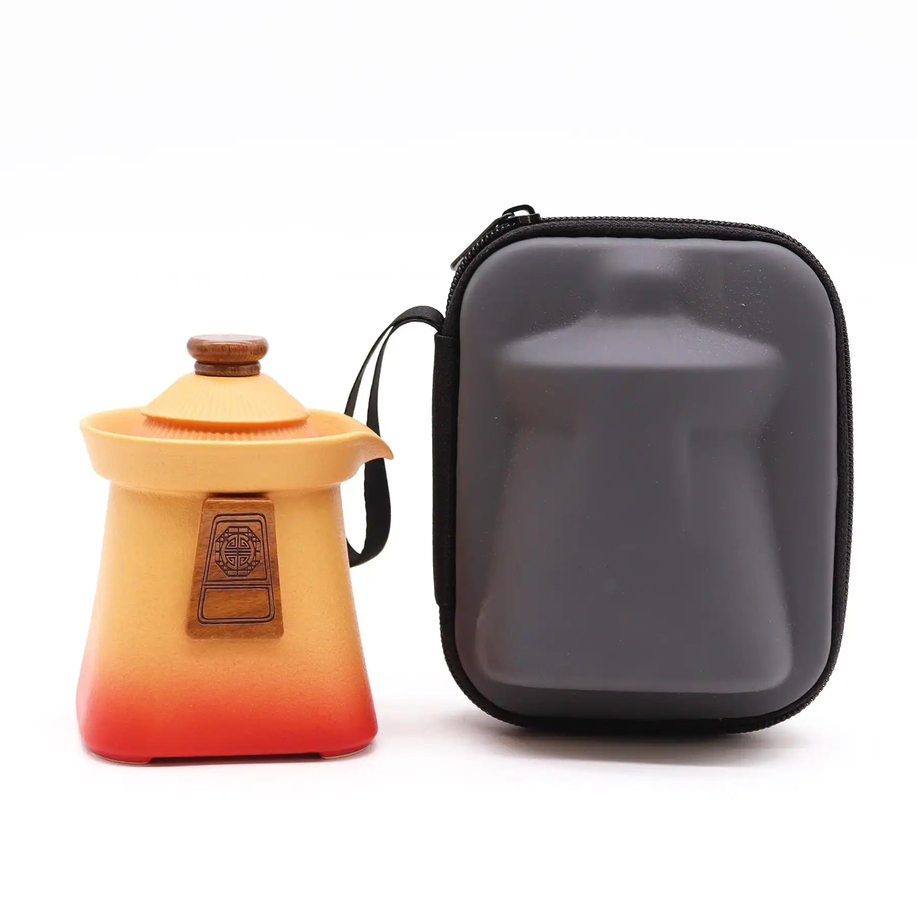 Orange Temple Teapot Set with Three Cups including an orange teapot and a protective carrying case.