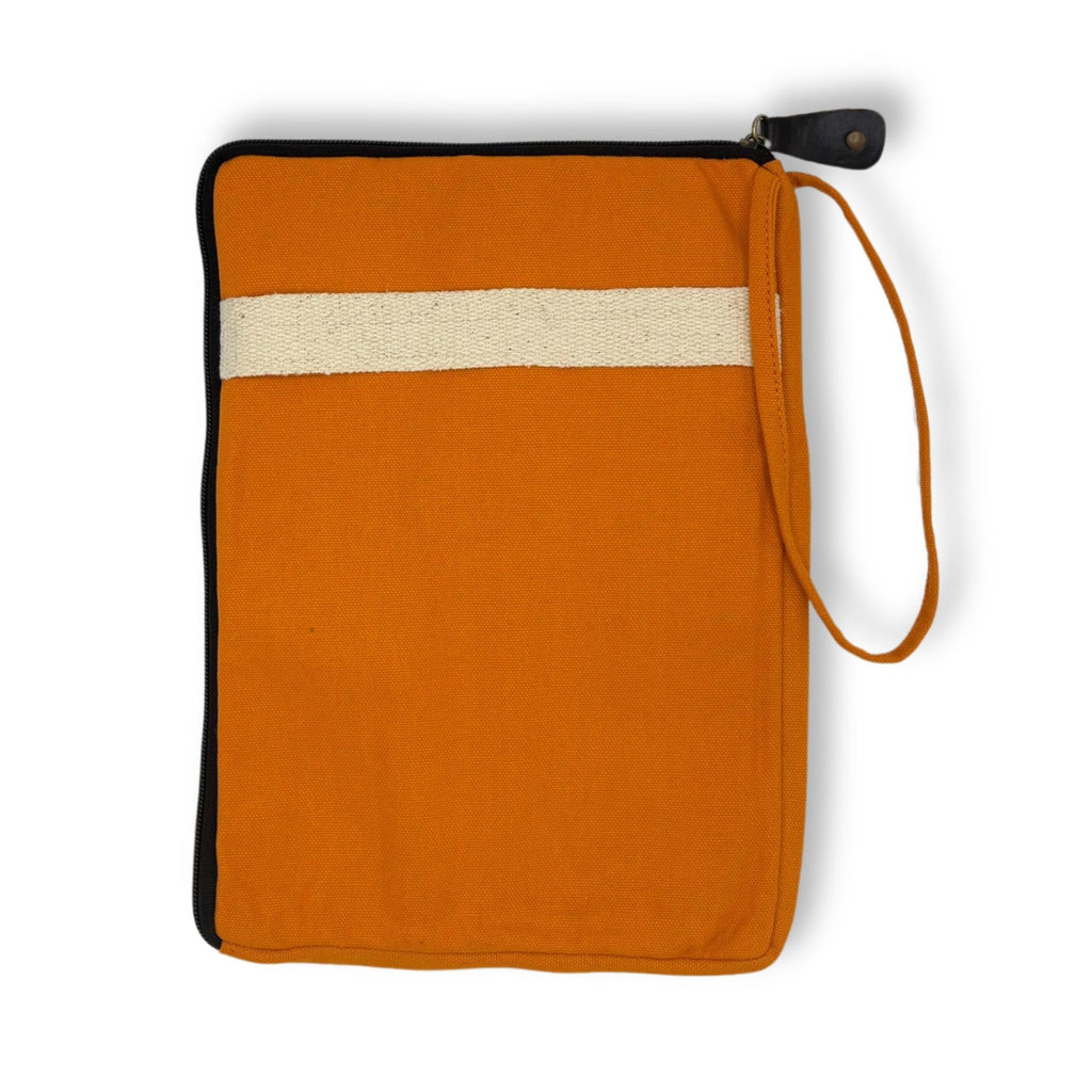 Orange pouch with a white stripe and strap on a white background