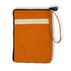 Orange pouch with a white stripe and strap on a white background