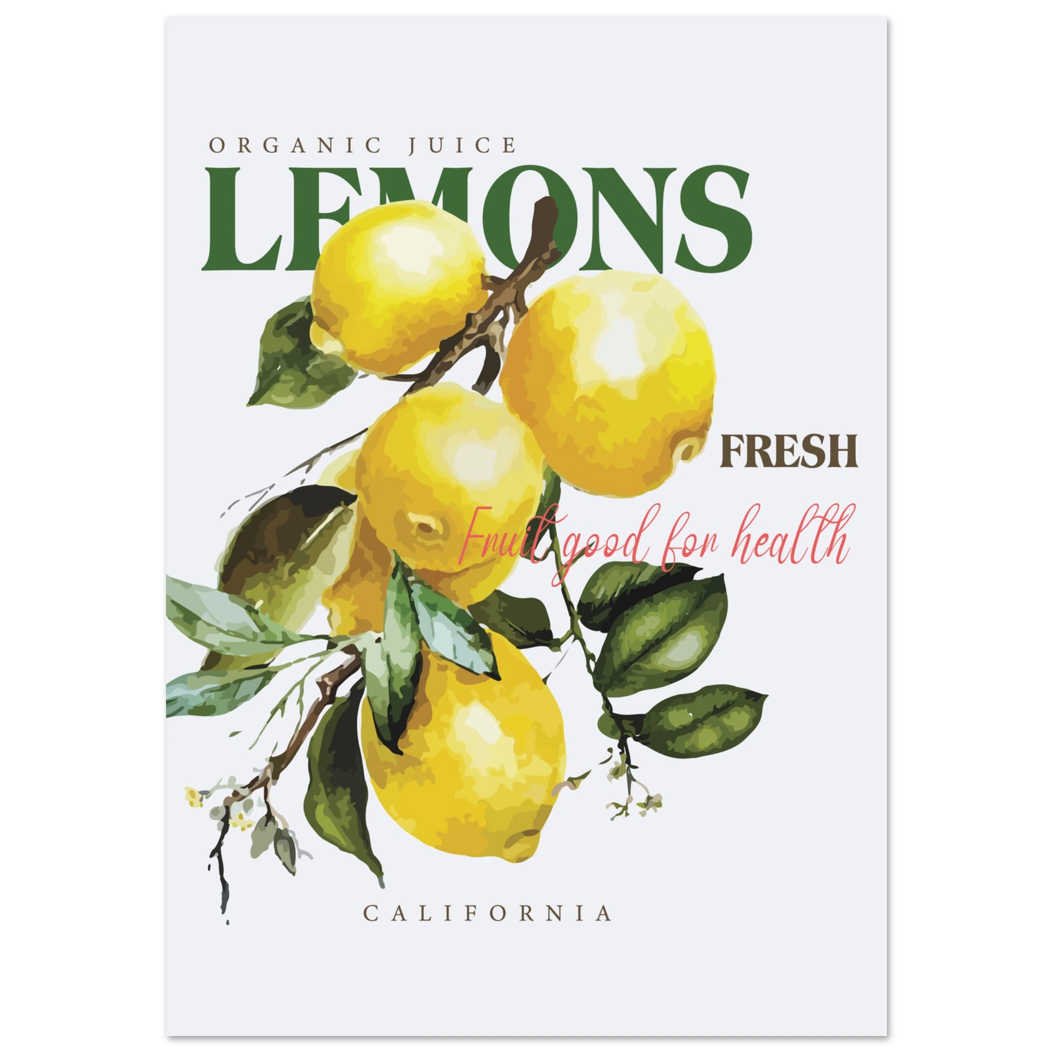 Poster of lemons with text about organic juice and freshness on a white background
