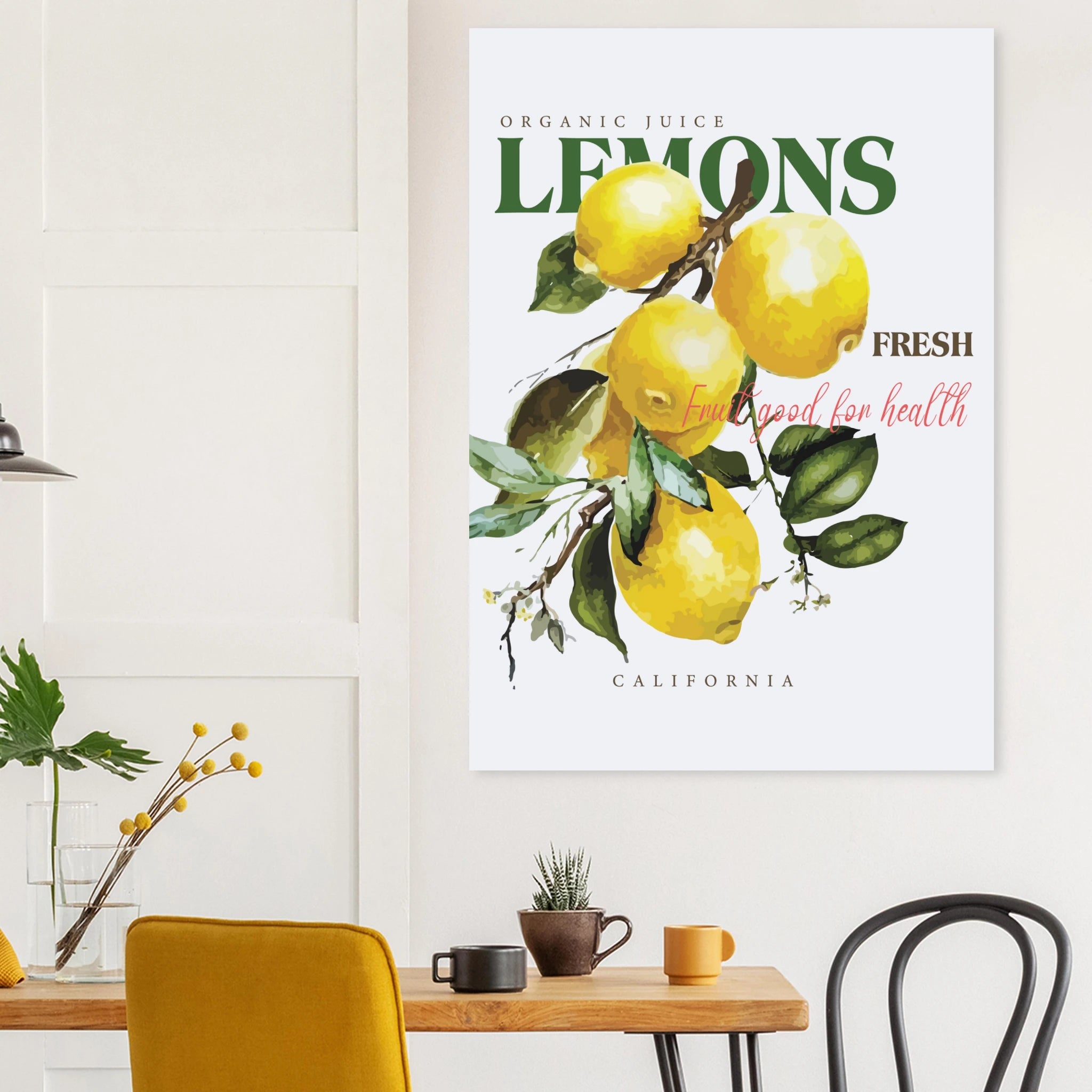 Poster of lemons on a wall above a table with chairs in a room.
