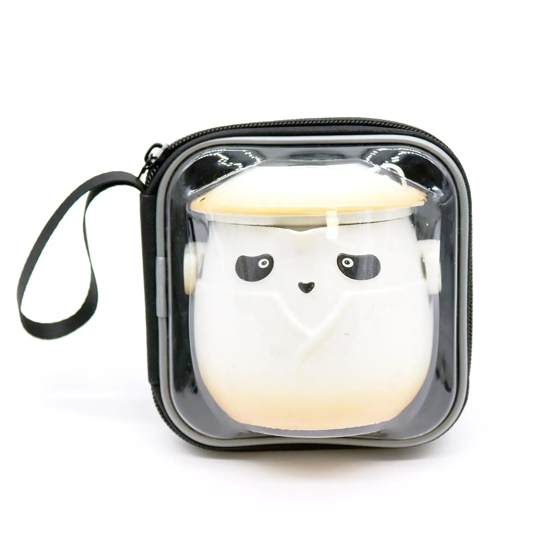 Small white plush toy with panda face in a clear case on a white background