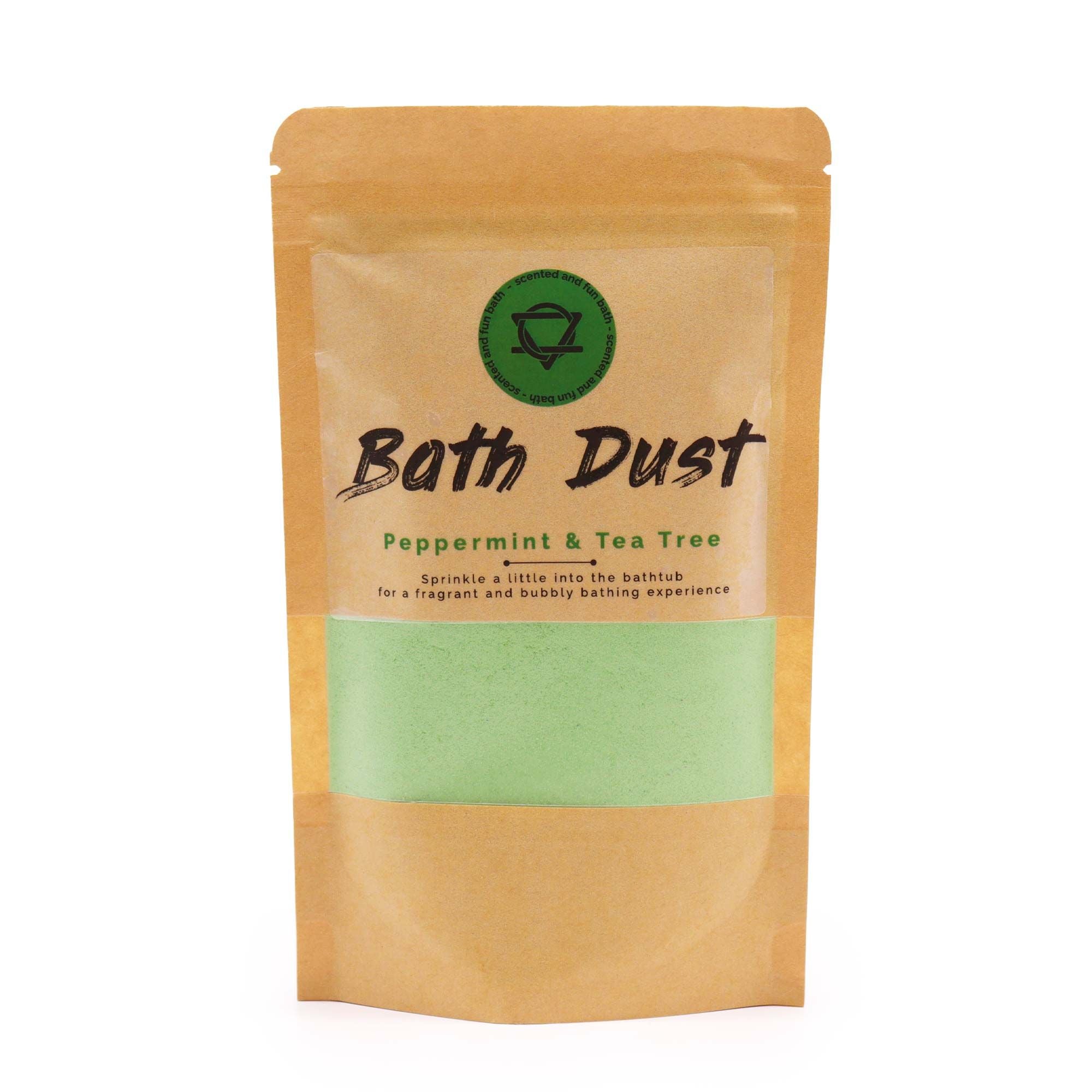 Bath Dust packaging with green bath powder inside on a white background