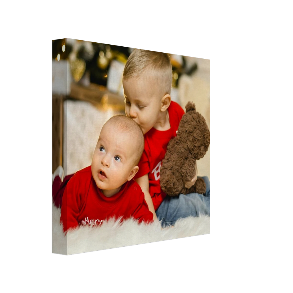 Personalised Canvas 20x20 cm / 8x8″ Two children in red shirts with a teddy bear on a white background
