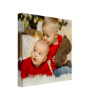 Personalised Canvas 20x20 cm / 8x8″ Two children in red shirts with a teddy bear on a white background