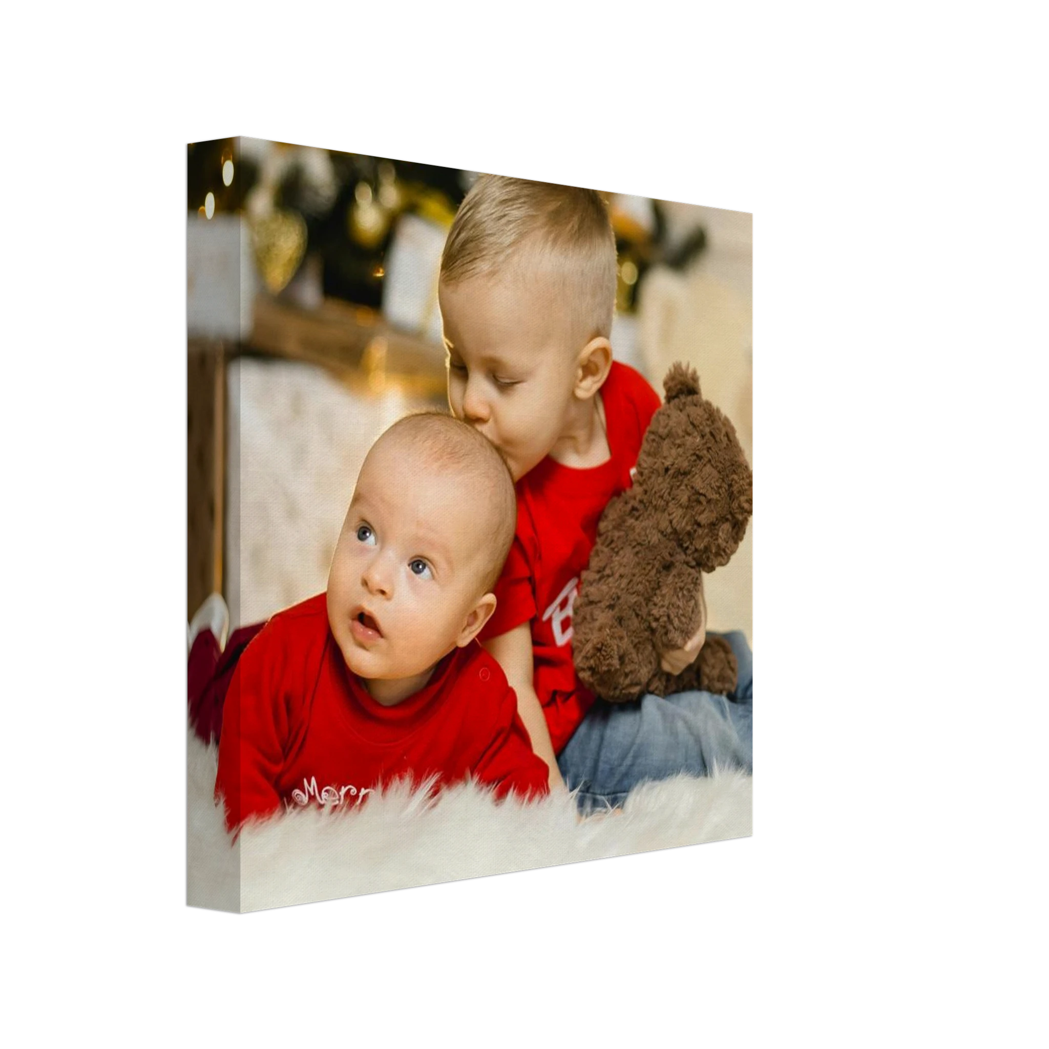 Personalised Canvas 20x20 cm / 8x8″ Two children in red shirts with a teddy bear on a white background