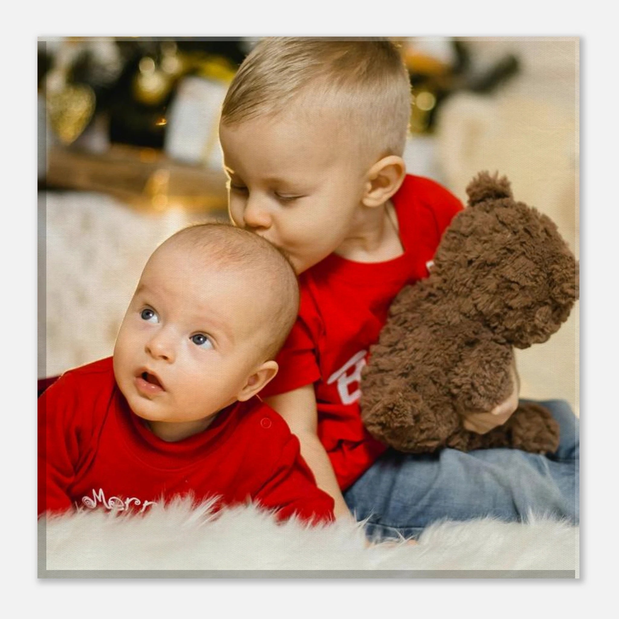 Personalised Canvas 20x20 cm with Two children in red shirts with a teddy bear on a white background