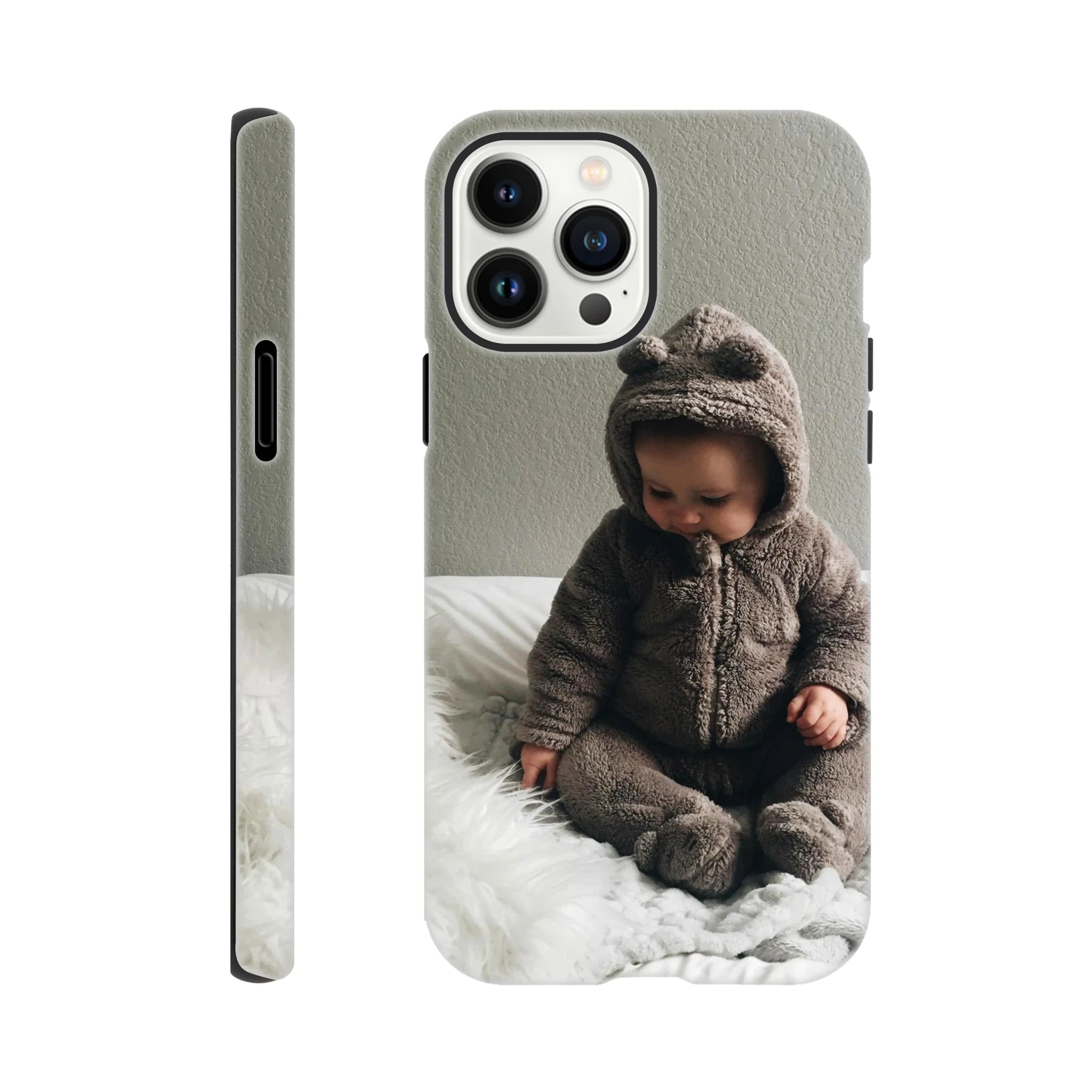 Personalised Photo Tough Case iPhone 13 Pro Max with a child in a bear onesie design on a white background