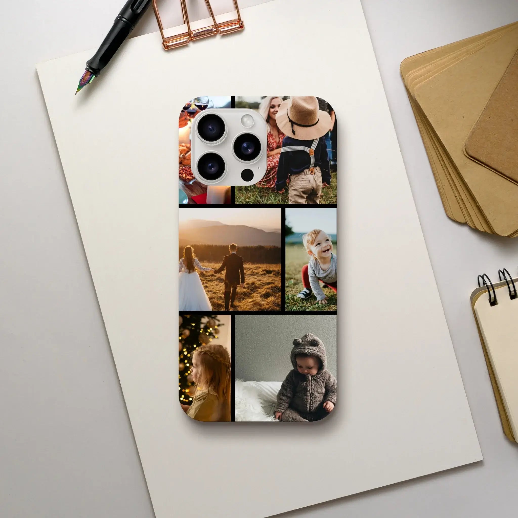 Personalised iPhone 15 Pro Max Tough Case with photo collage on a white surface