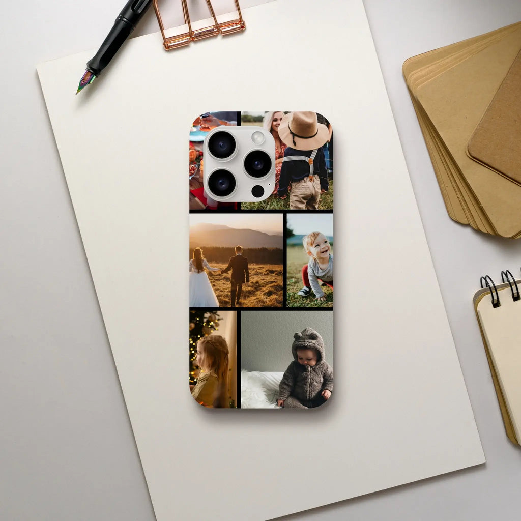 Personalised iPhone 15 Pro Tough Case photo collage on a white surface