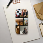 Personalised iPhone 15 Tough Case with photo collage on a white surface with stationery items