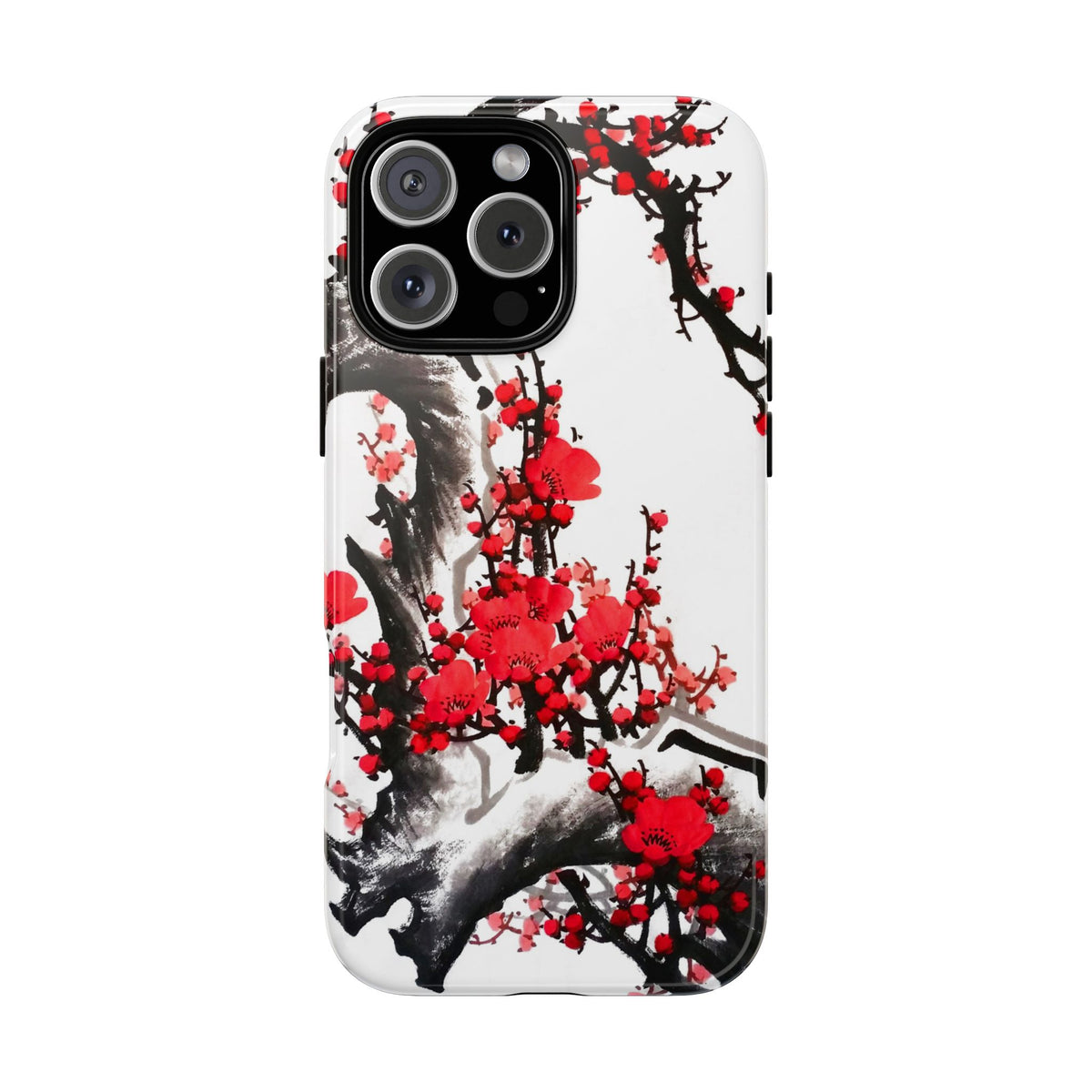 Phone case with red floral design on a white background