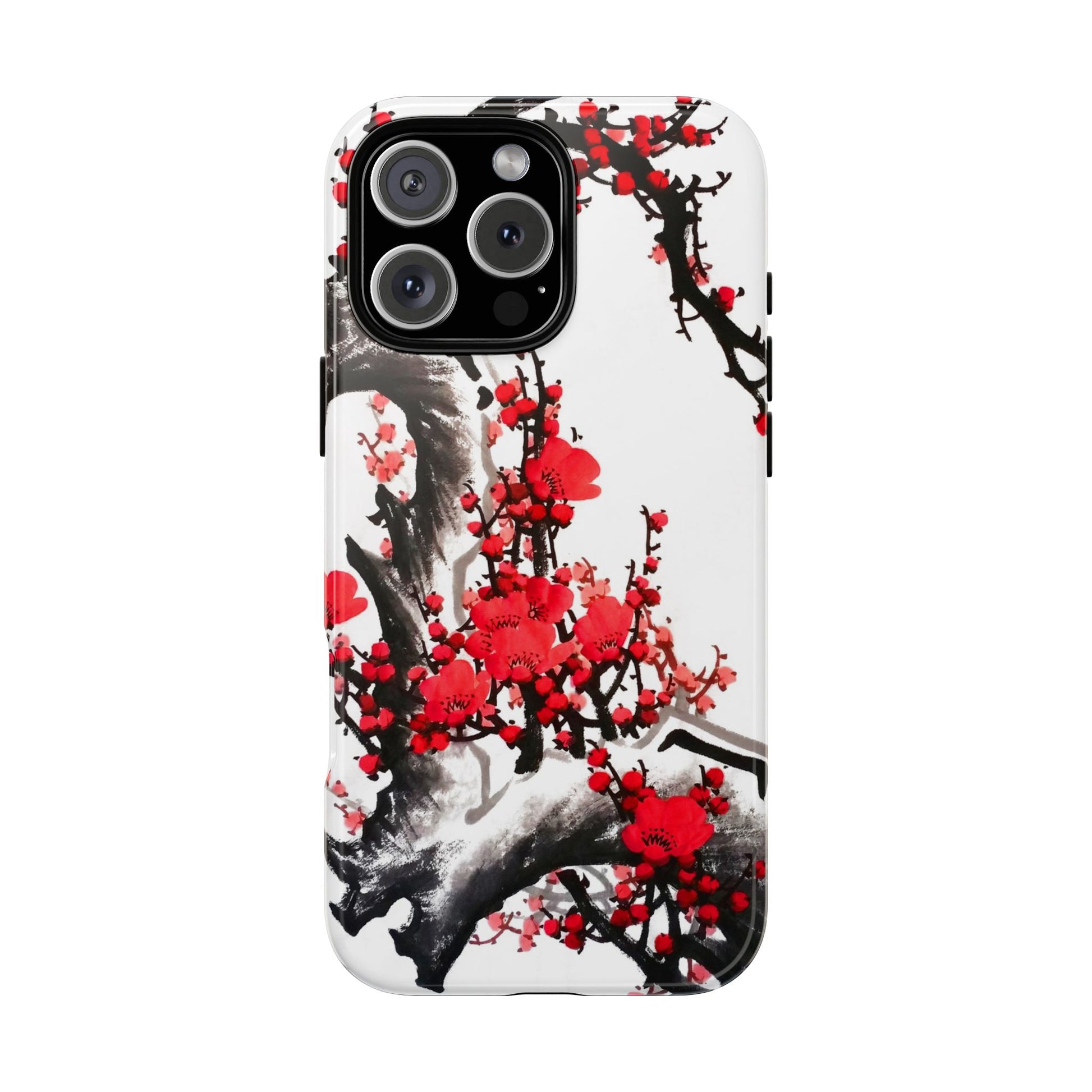 Phone case with red floral design on a white background