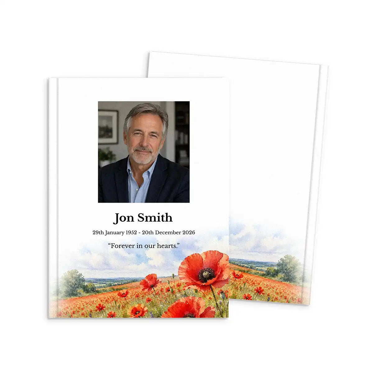 Memorial card with a photo of a man, text, and a landscape with red flowers.