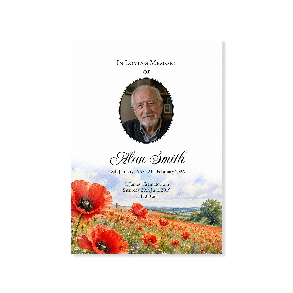 Memorial card with a portrait and field of red poppies on a white background by MVB STUDIO