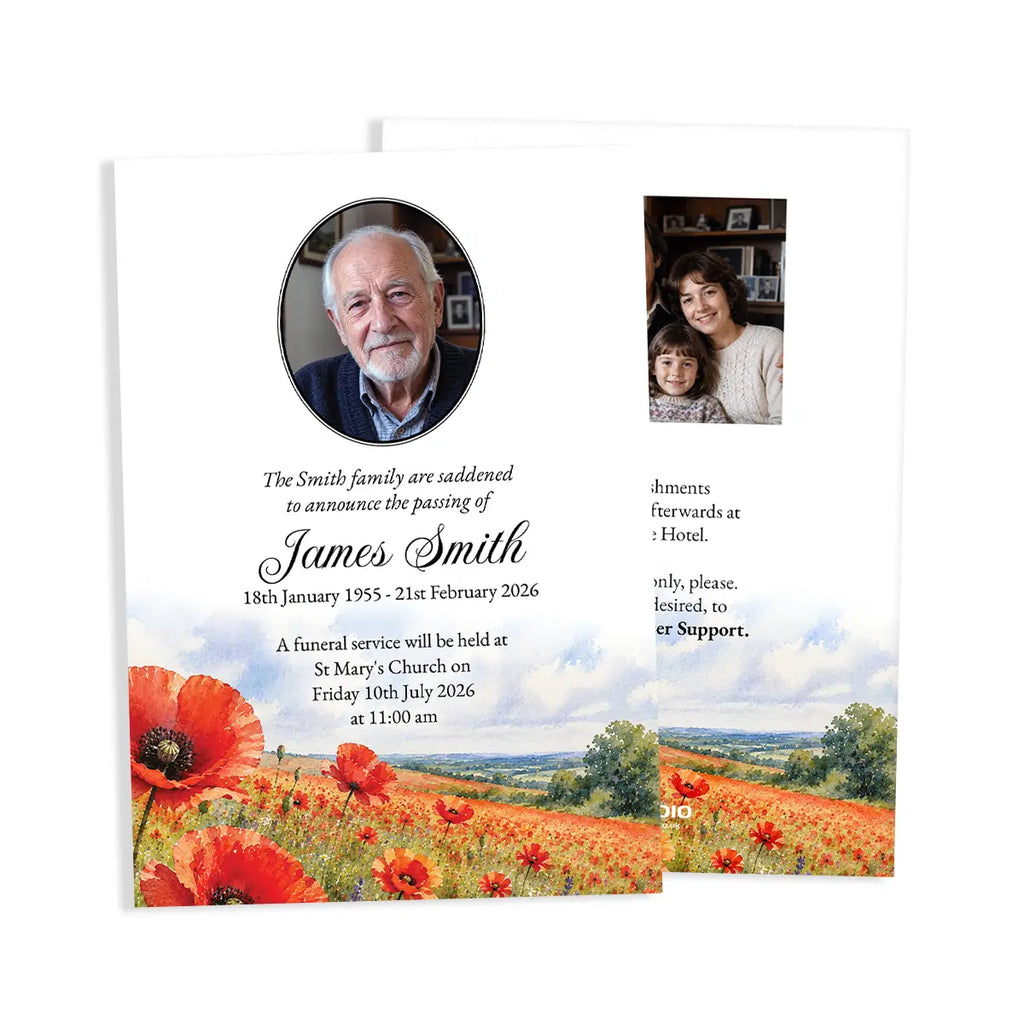 A printed memorial funeral invitation card shown on a white background, featuring a portrait of an older man, a smaller portrait of a woman and child, memorial text, and a scenic poppy field landscape.