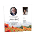 A printed memorial funeral invitation card shown on a white background, featuring a portrait of an older man, a smaller portrait of a woman and child, memorial text, and a scenic poppy field landscape.