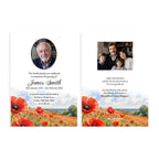 Front and back memorial invitation card design shown side by side on a white background. The left panel features a portrait of a man, memorial text, and a field of red poppies.