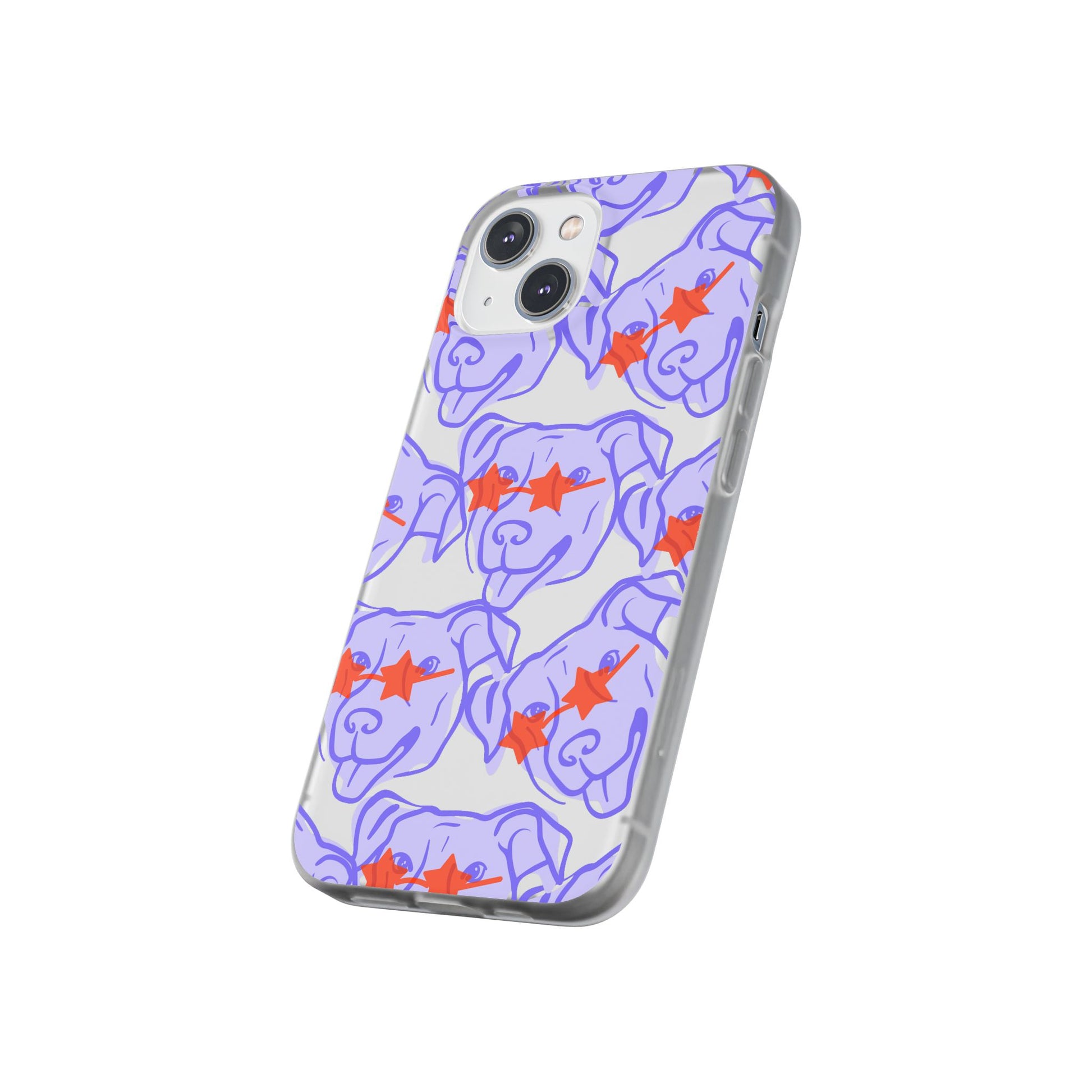 Puppy Sunglasses Flexi Case for iPhone 14 slanted with purple dog with glasses
