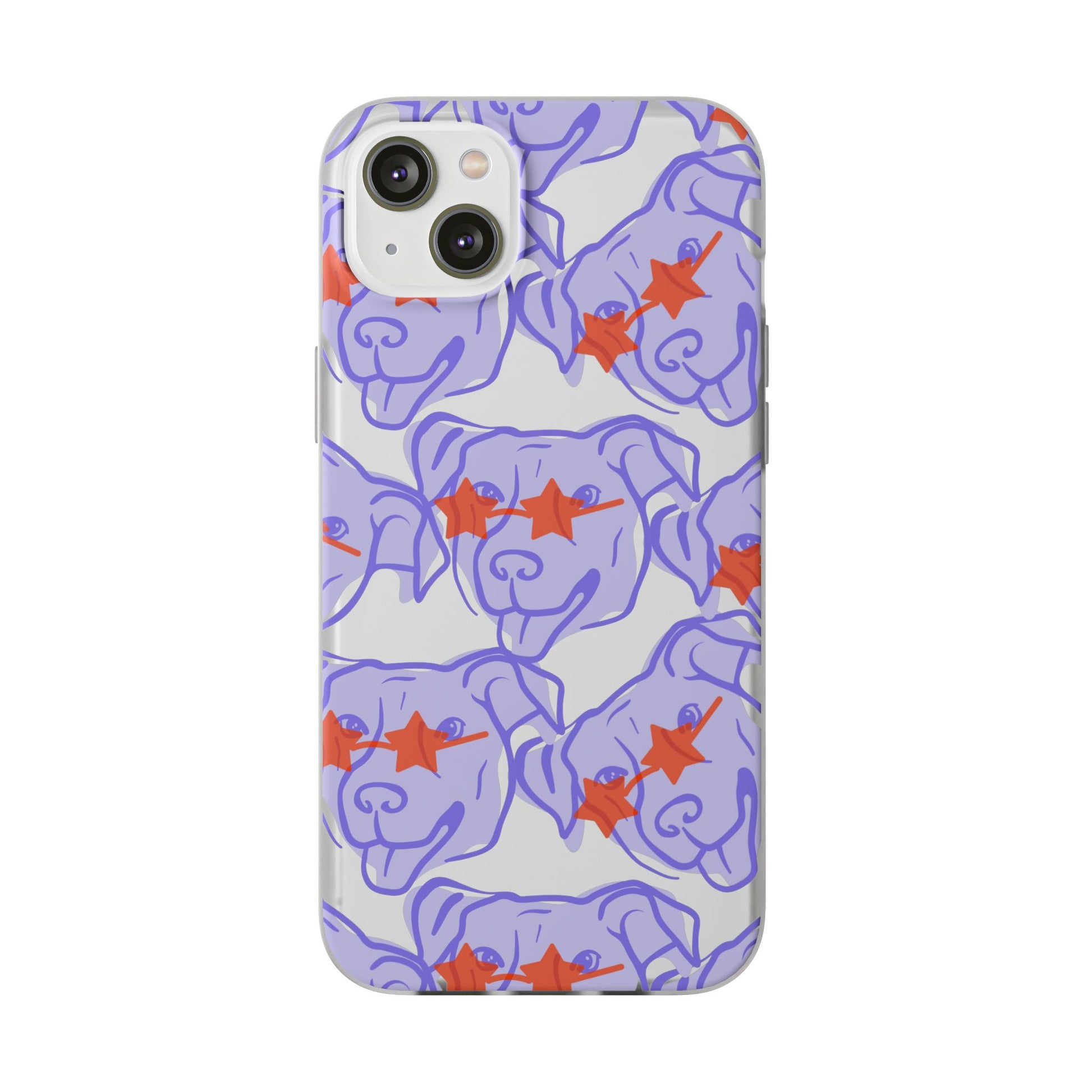Puppy Sunglasses Flexi Case for iPhone 14 Plus. iPhone has two camera and white background